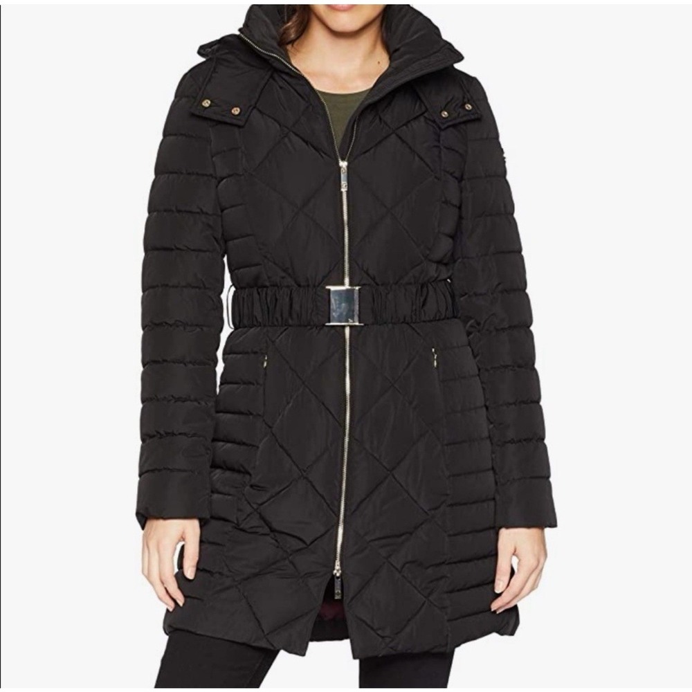 Tommy Hilfiger Women's Long Black Jacket Gold Hardware Sz L Hooded Belt Puffer